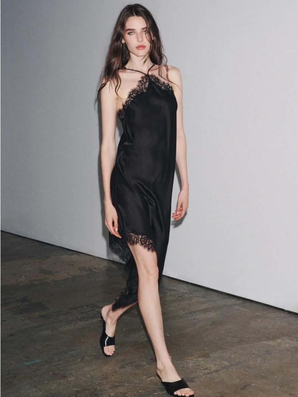 Zara ZW COLLECTION Black ASYMMETRIC LACE SATIN DRESS Size L - Picture 1 of 7